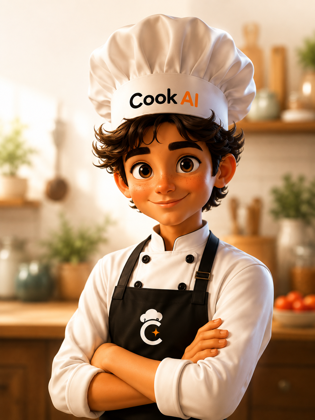 La mascotte chef de Cook AI dans une cuisine chaleureuse
