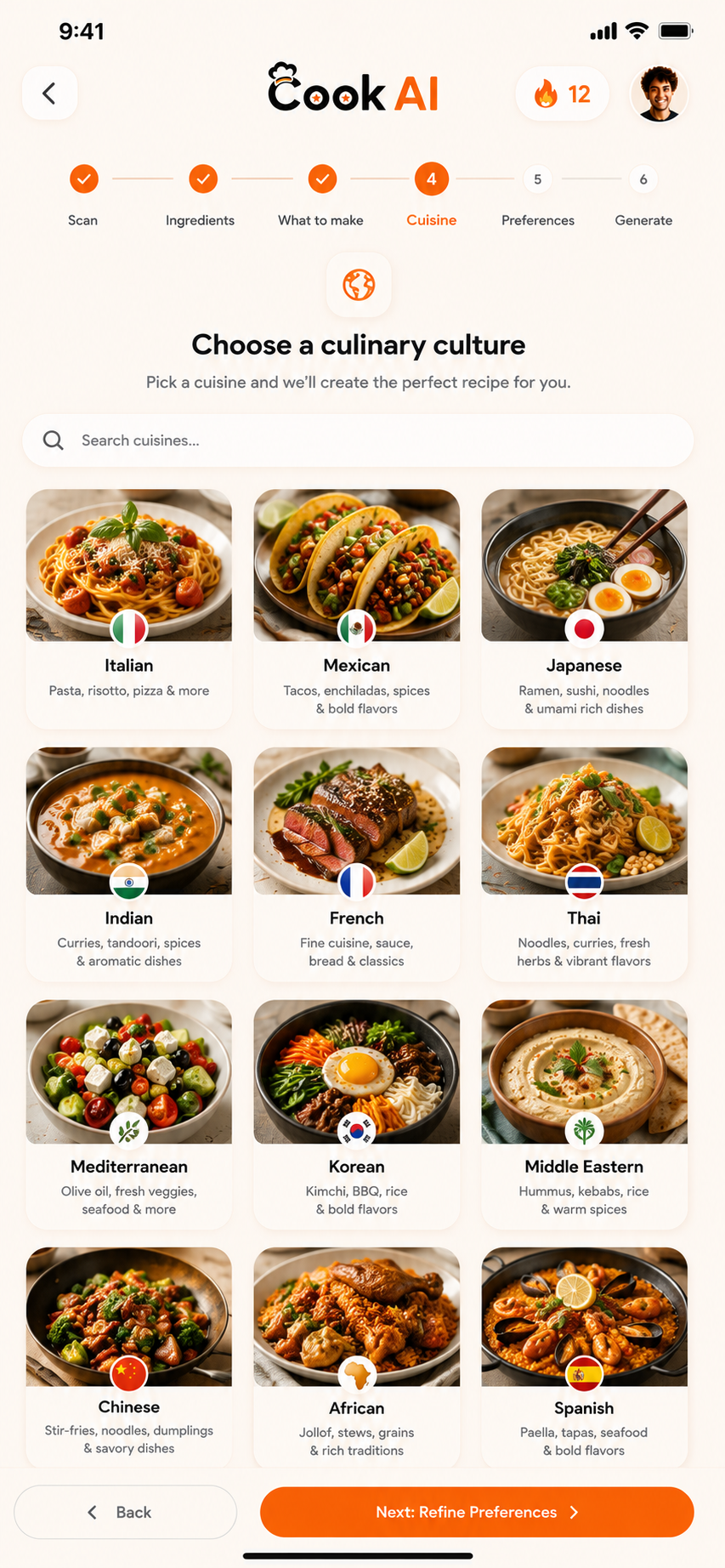Écran de choix d'une culture culinaire dans Cook AI