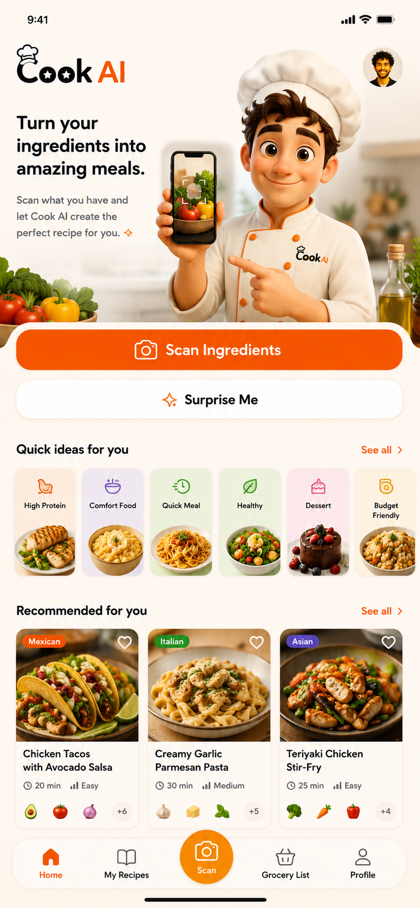 Écran d'accueil de Cook AI avec des idées de recettes
