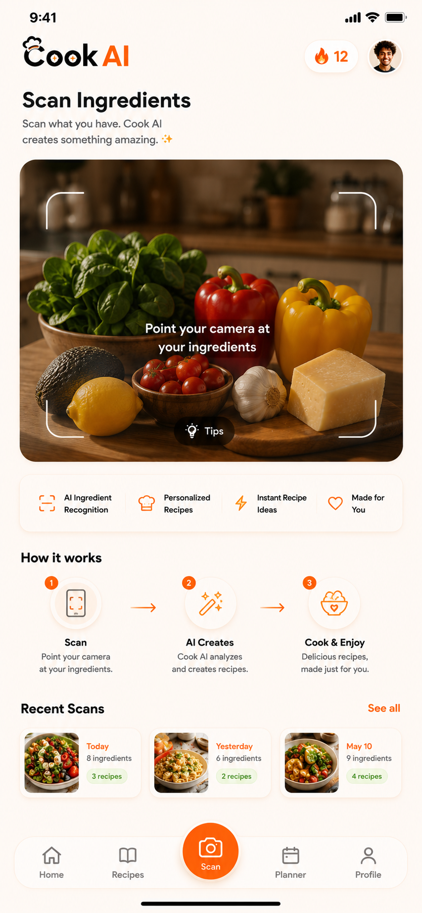 Écran de scan des ingrédients de Cook AI
